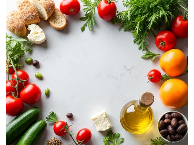 Πλούσιο τραπέζι με ελληνικά, φρέσκα προϊόντα, όπως λαχανικά, ελαιόλαδο, φέτα, σε φωτεινό, μοντέρνο σκηνικό.