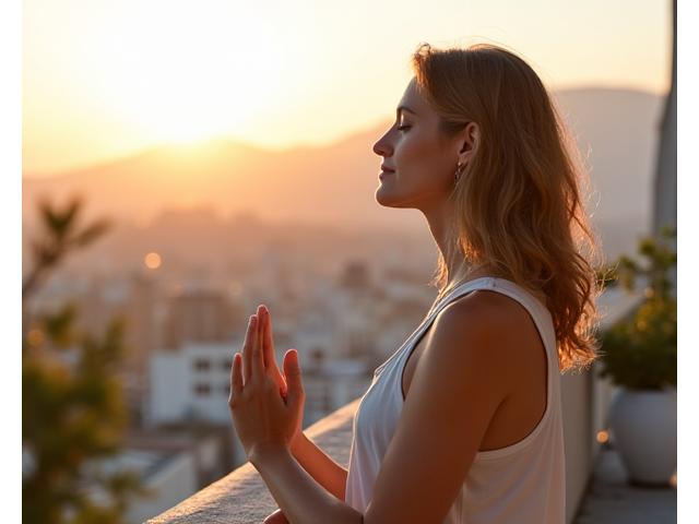 Γυναίκα 35+ κάνει διαλογισμό σε ένα ήσυχο μπαλκόνι στην Αθήνα, με θολό φόντο την πόλη.