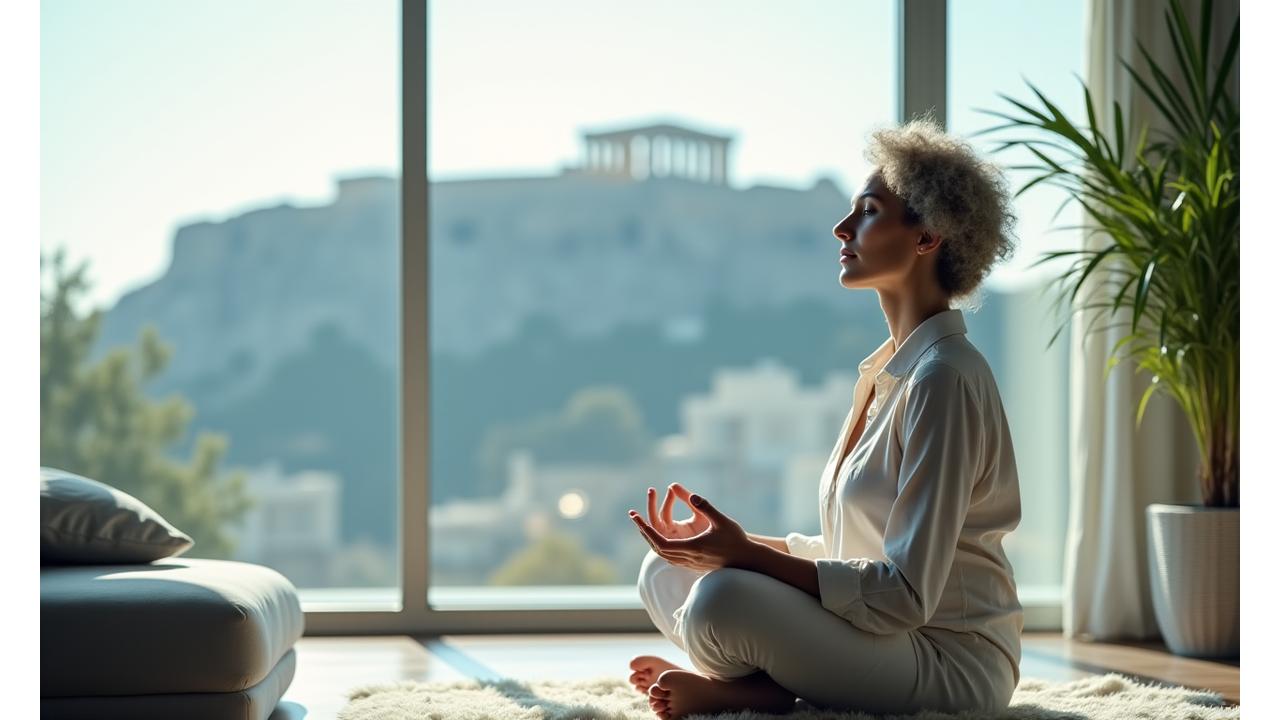 Μια ήρεμη γυναίκα, άνω των 35, διαλογίζεται σε ένα φωτεινό, μοντέρνο σαλόνι με θέα στην Ακρόπολη, αναδεικνύοντας την ενσυνειδητότητα στην αστική ζωή.