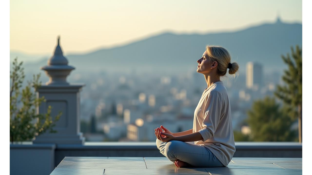 Άτομο άνω των 35 κάνει ασκήσεις αναπνοής σε ένα ήσυχο μπαλκόνι στην Αθήνα με θέα την πόλη, χαλαρώνοντας.