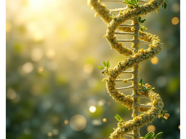 Απεικόνιση σπείρας DNA με στοιχεία διατροφής, υπογραμμίζοντας την εξατομίκευση της διατροφής.