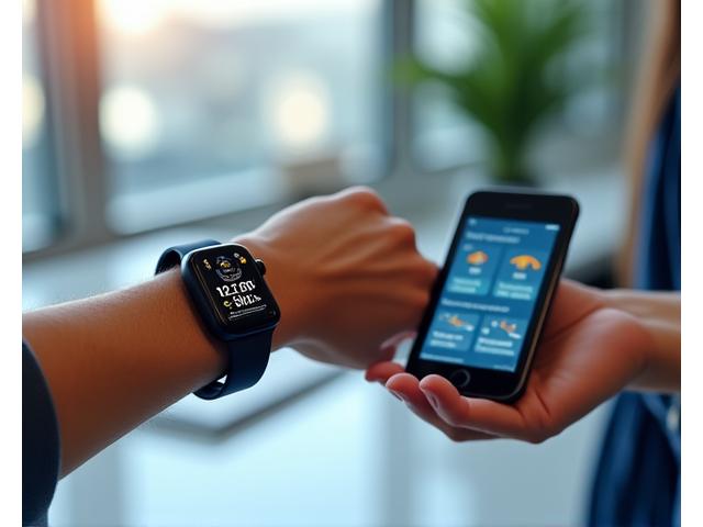 Έξυπνο ρολόι ή fitness tracker που εμφανίζει δεδομένα καρδιακού ρυθμού και δραστηριότητας, συνδεδεμένο με ένα smartphone που εμφανίζει διατροφικό πλάνο.