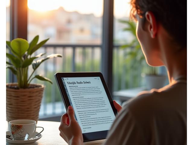 Άτομο διαβάζει ένα άρθρο υγείας σε tablet σε ένα φωτεινό, μοντέρνο ελληνικό καφέ, με θέα στην πόλη της Αθήνας.