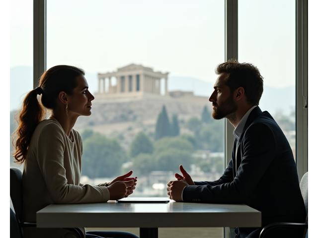 A lifestyle coach συζητά με ένα πελάτη σε ένα φωτεινό γραφείο με θέα την Αθήνα, δείχνοντας ενσυναίσθηση.